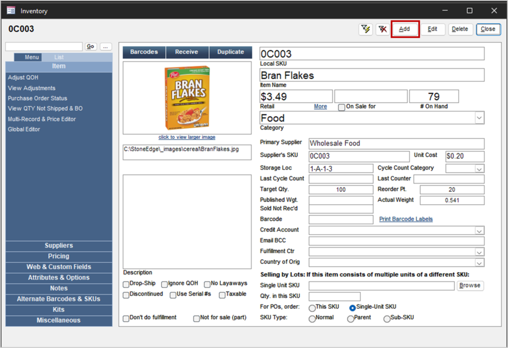 Add a New Inventory Item - Stone Edge Order Manager