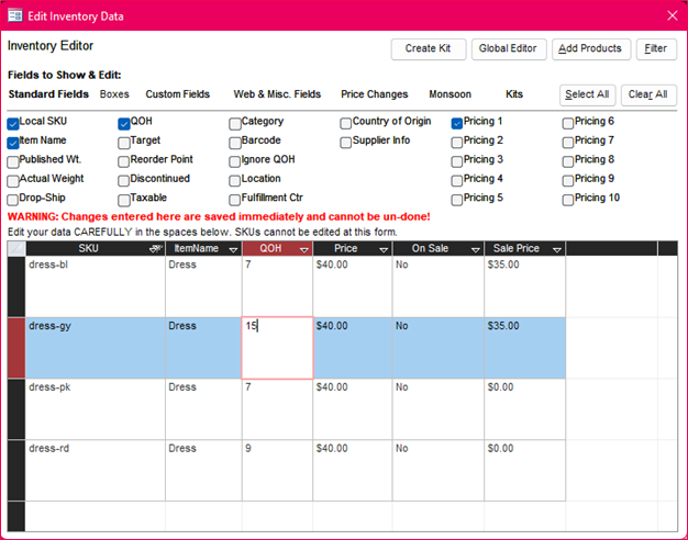 Multi-Record And Price Editor Showing Existing Products